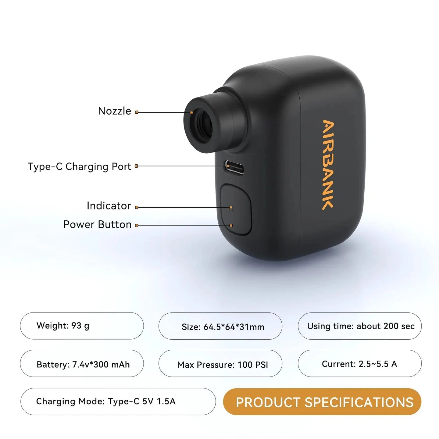 Mini Rechargeable Bike Pump – 100 PSI, USB-C Airbank
