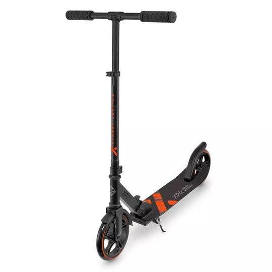 Black scooter with orange accents on a white background