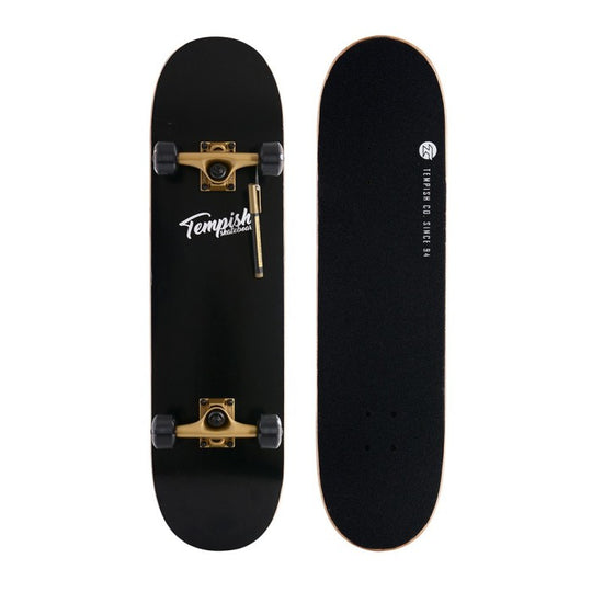 Black skateboard with gold hardware on a white background