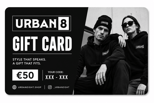 Urban 8 gift card with two people wearing branded clothing against a black background